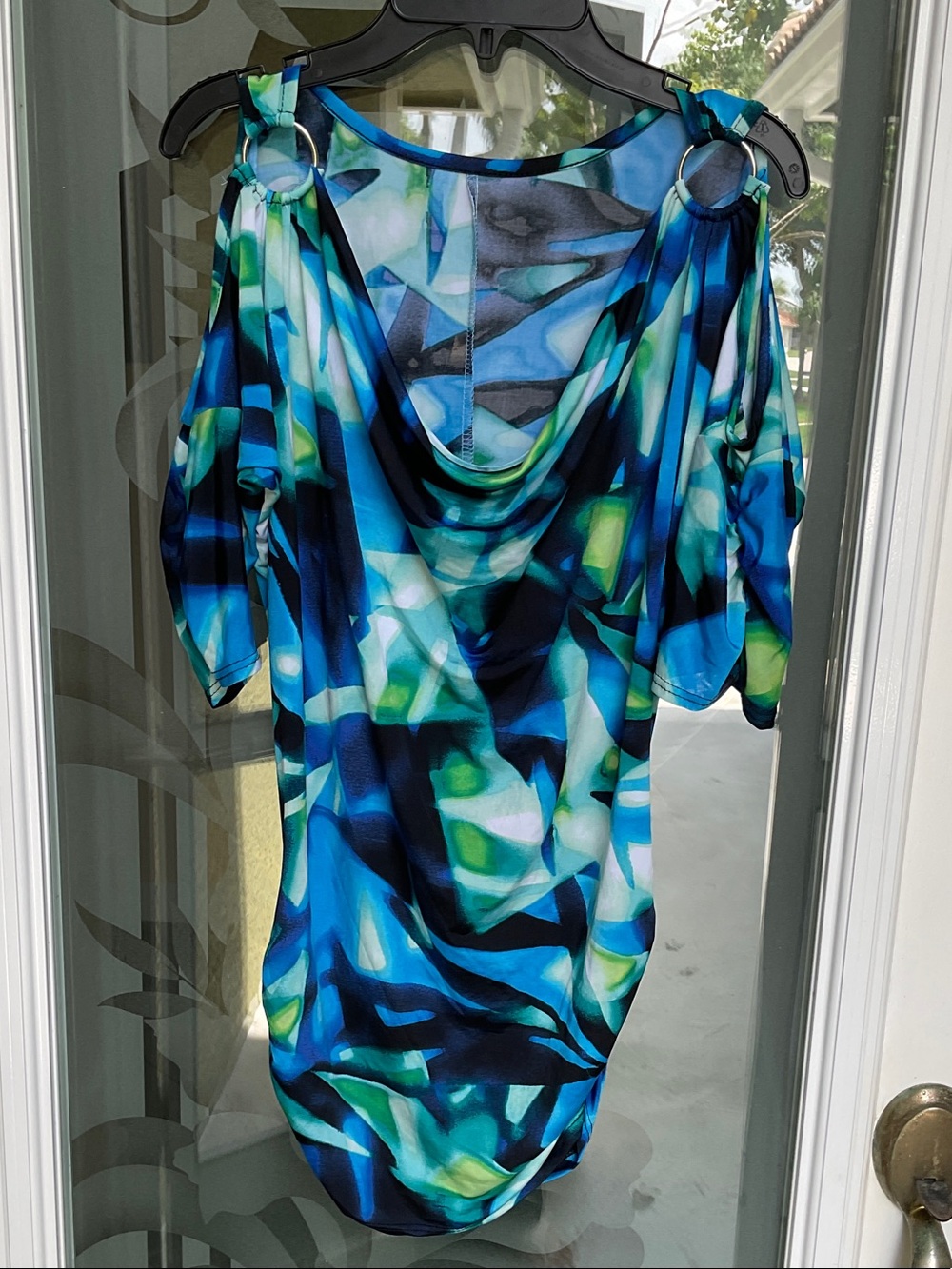 Blue & Green Abstract Cold-Shoulder Dress with Ring Detail